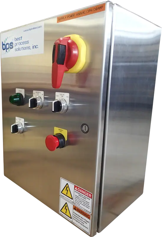 Custom industrial control panel by BPS with multi-button interface and digital screen for equipment control.