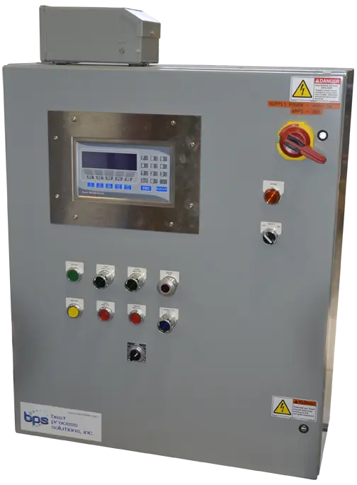 BPS control panels with digital display and push buttons for bulk material processing equipment automation.
