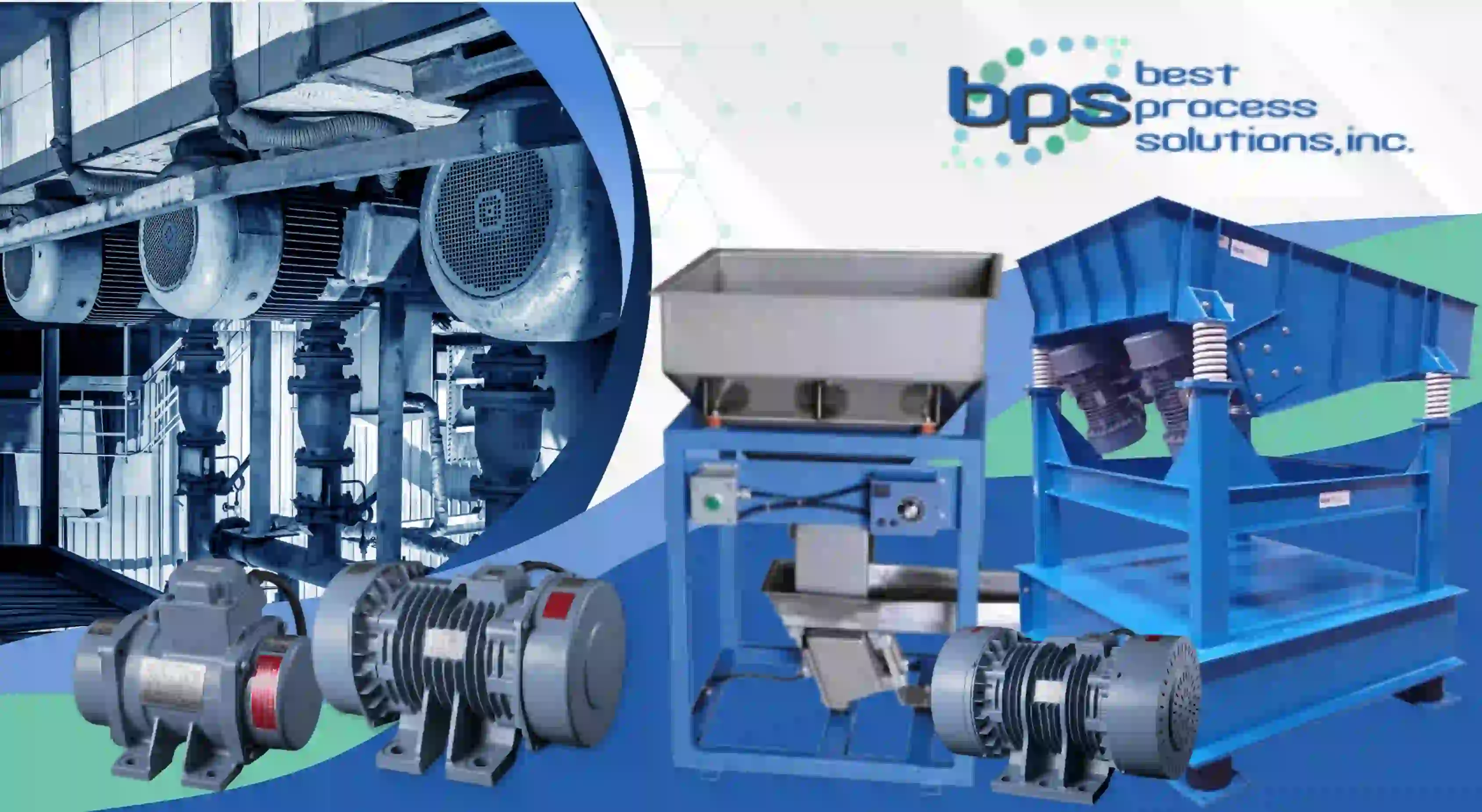 Vibratory feeder motor options shown with BPS vibratory feeders, hoppers, and drives in a system built for high throughput.