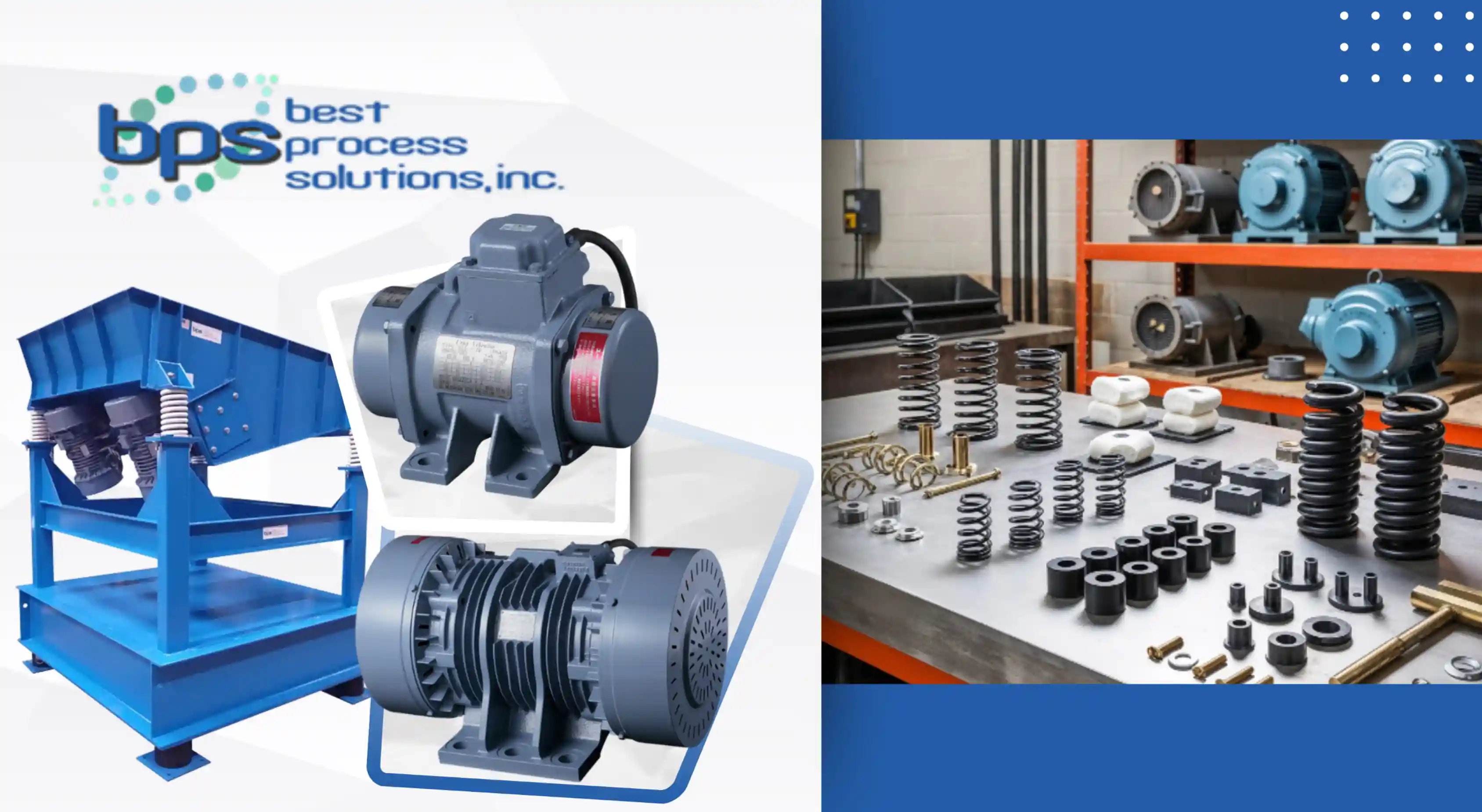 Replacing vibratory machine springs and motors shown with BPS feeder drives and disassembled motor components on a workbench.