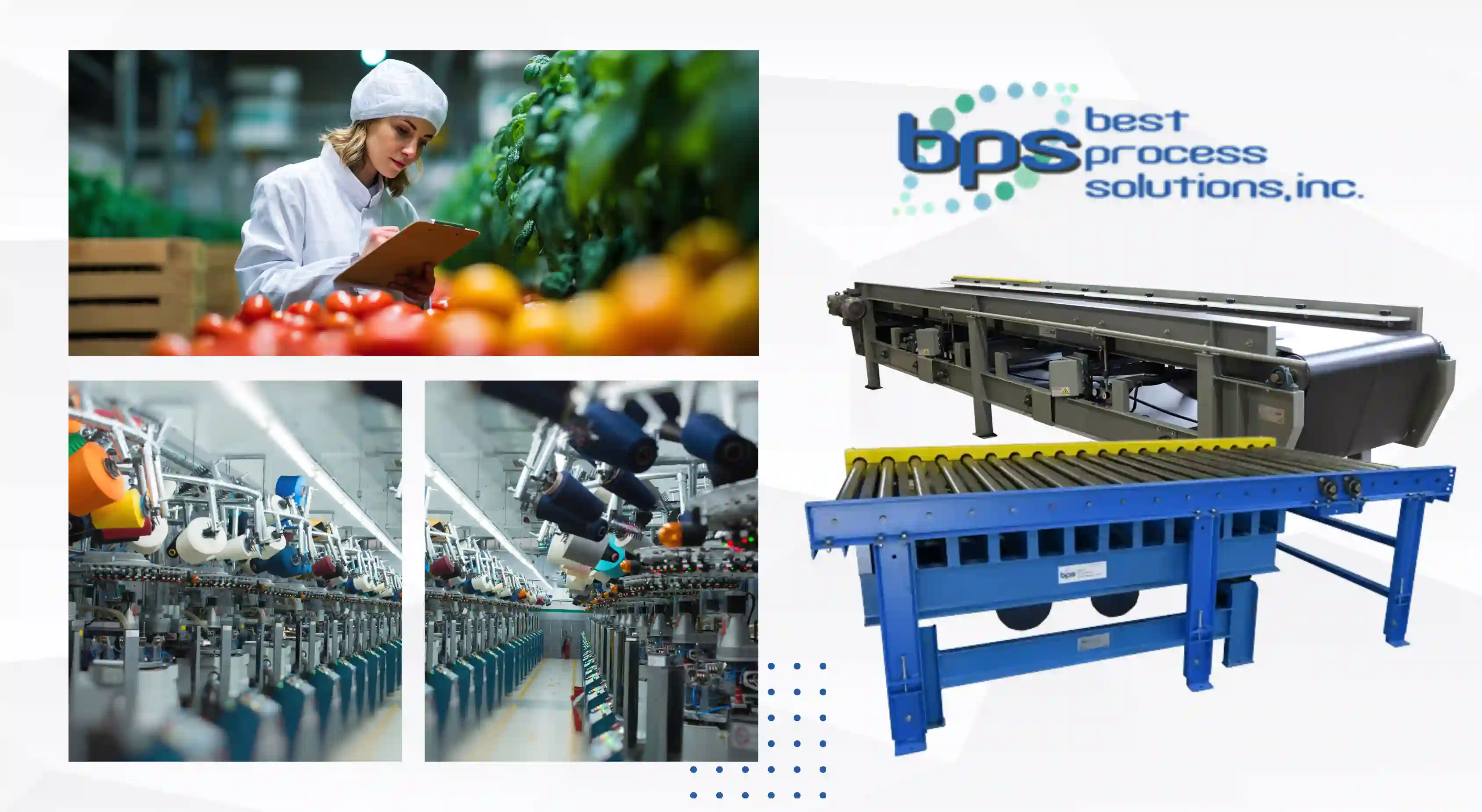 Sanitary vibratory conveyors shown with BPS belt and roller systems and a food plant worker inspecting product.