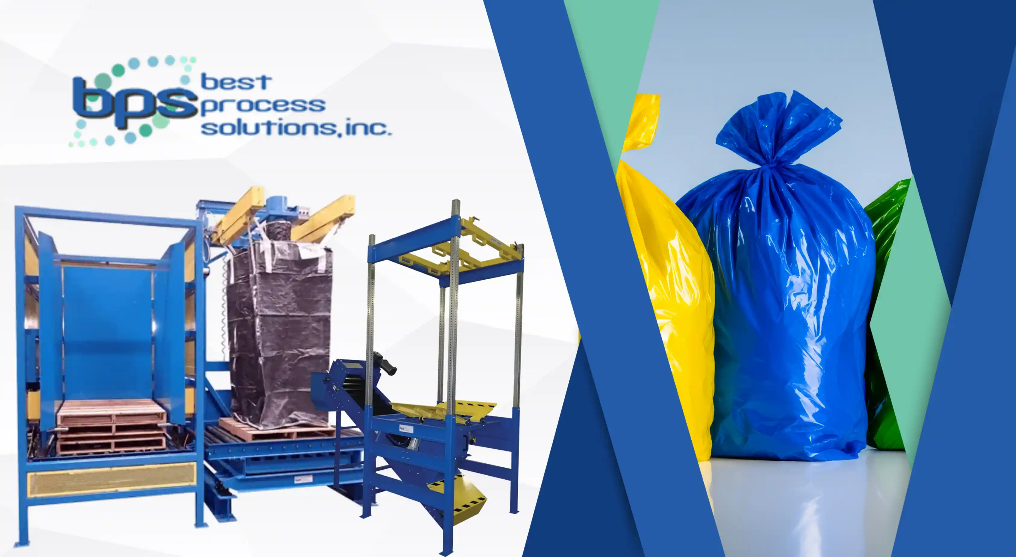 High capacity bagging facilities shown with BPS bulk bag filler system and sealed plastic bags ready for shipment.