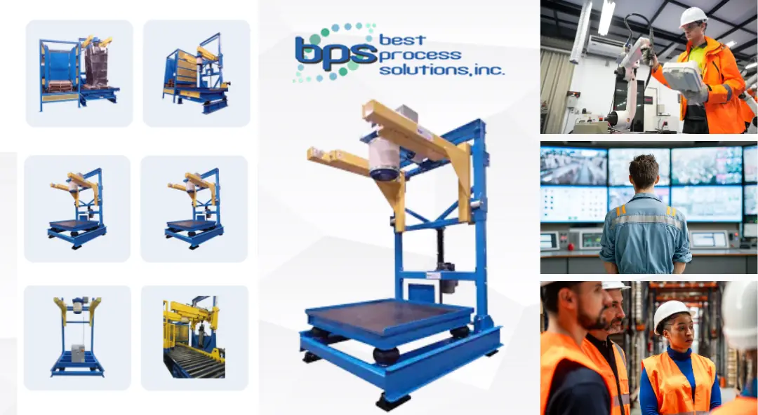 Bulk bag filler system with multiple BPS bagging station designs and plant operators monitoring automated lines.