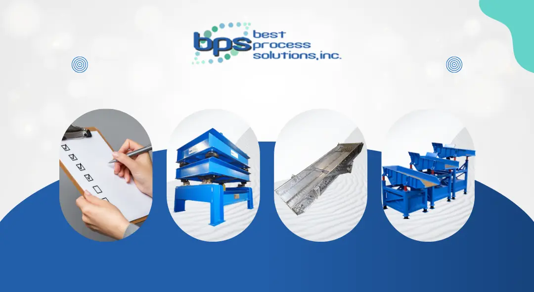 [Vibratory equipment daily checklist with BPS vibratory tables, conveyors, feeders, and an operator marking maintenance tasks complete.