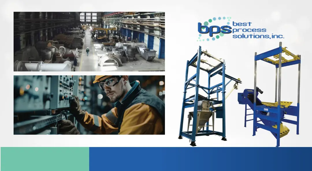 FIBC unloading spillage control shown with BPS bulk bag unloaders and plant operators working in a busy process plant.