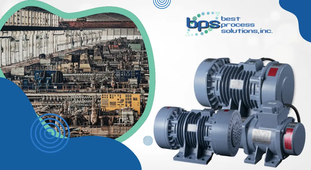 BPS industrial vibration motors alongside a legacy production facility, highlighting maintenance essentials.