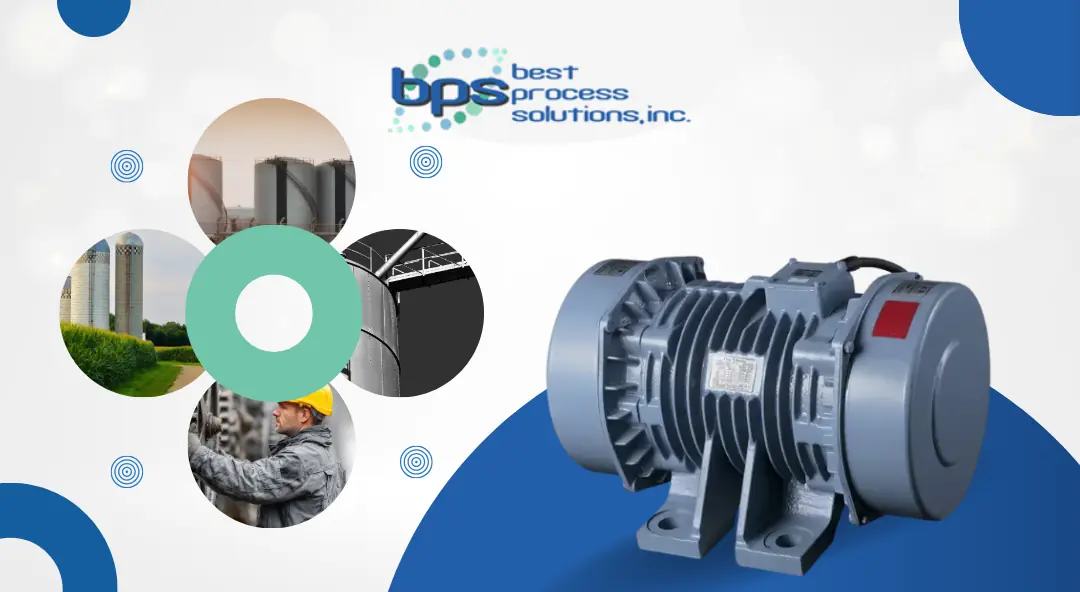 BPS industrial vibration motor for preventing bridging and ratholing in large-volume silos and storage hoppers.
