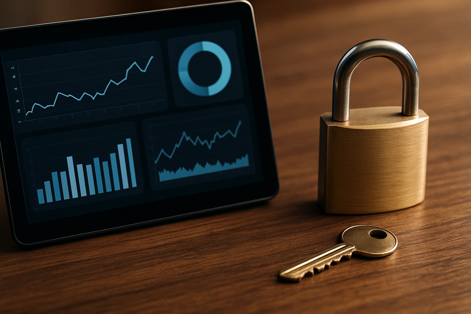 A close-up of a sleek digital dashboard screen displaying graphs and analytics, set beside a physical padlock and key, symbolizing the balance between performance optimization and security in website management, all against a wooden table.
