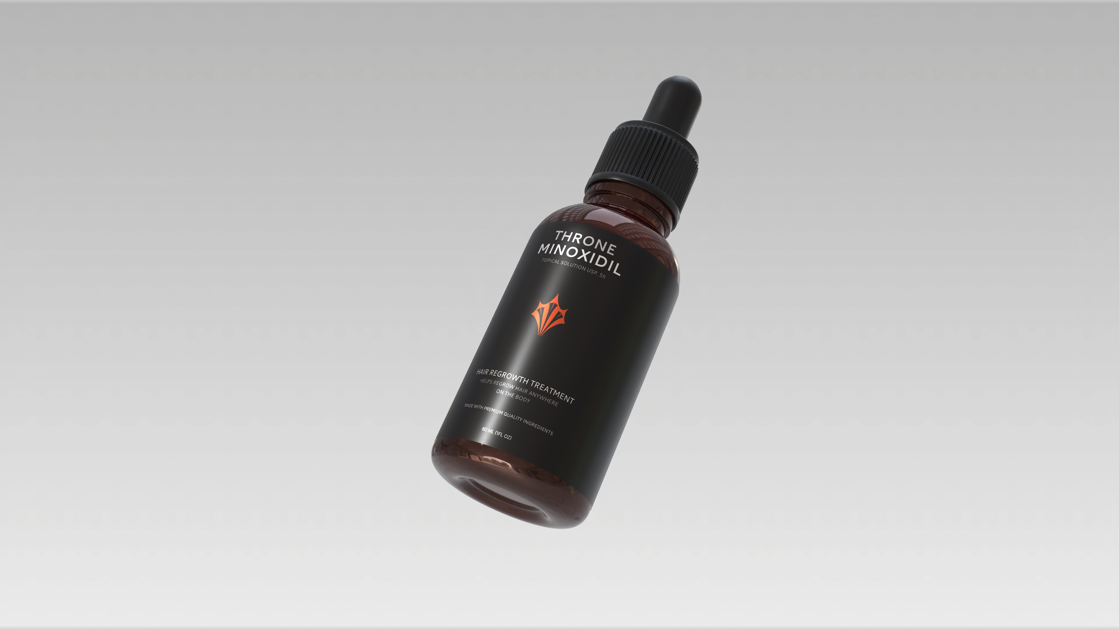 Throne Minoxidil amber dropper bottle product render on gray background
