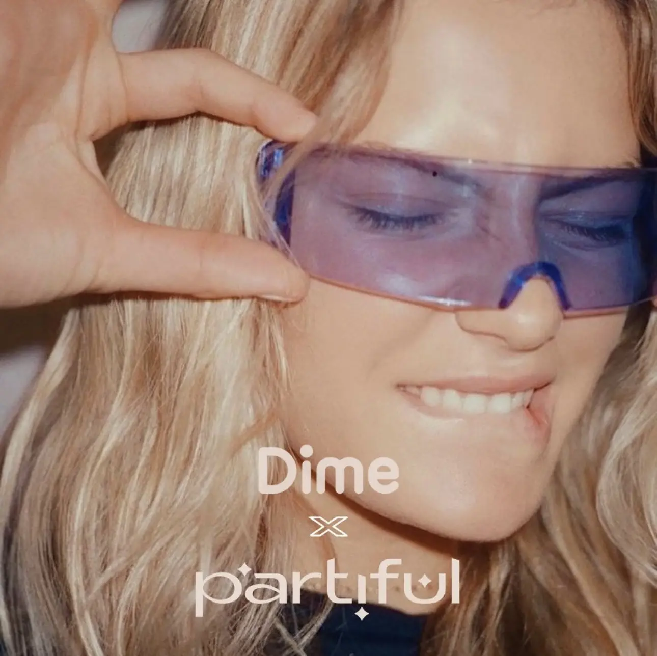 Dime x Partiful campaign portrait of a woman in tinted wraparound glasses
