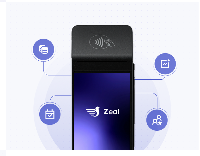 Zeal-branded payment terminal with data icons