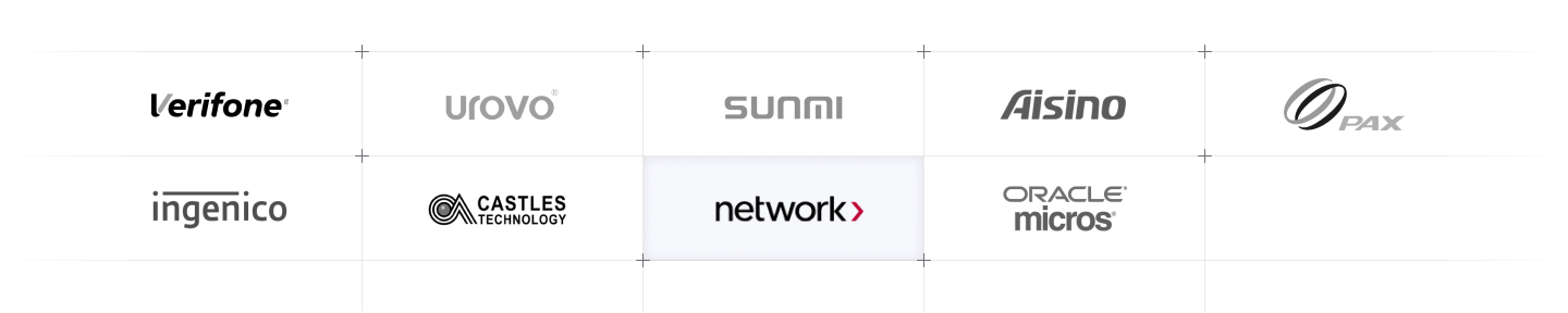 Verifone, Urovo, Sunmi, Aisino, PAX, Ingenico, Castles Technology, Network International and Oracle Micros logos