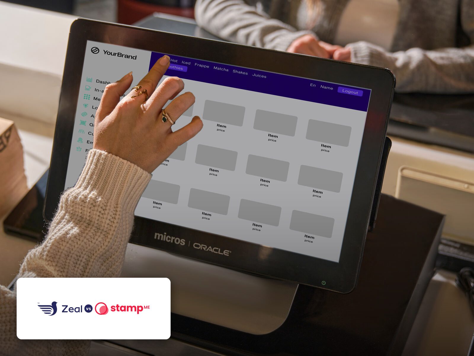 Customer tapping a phone on a Zeal-enabled card machine showing loyalty stamps