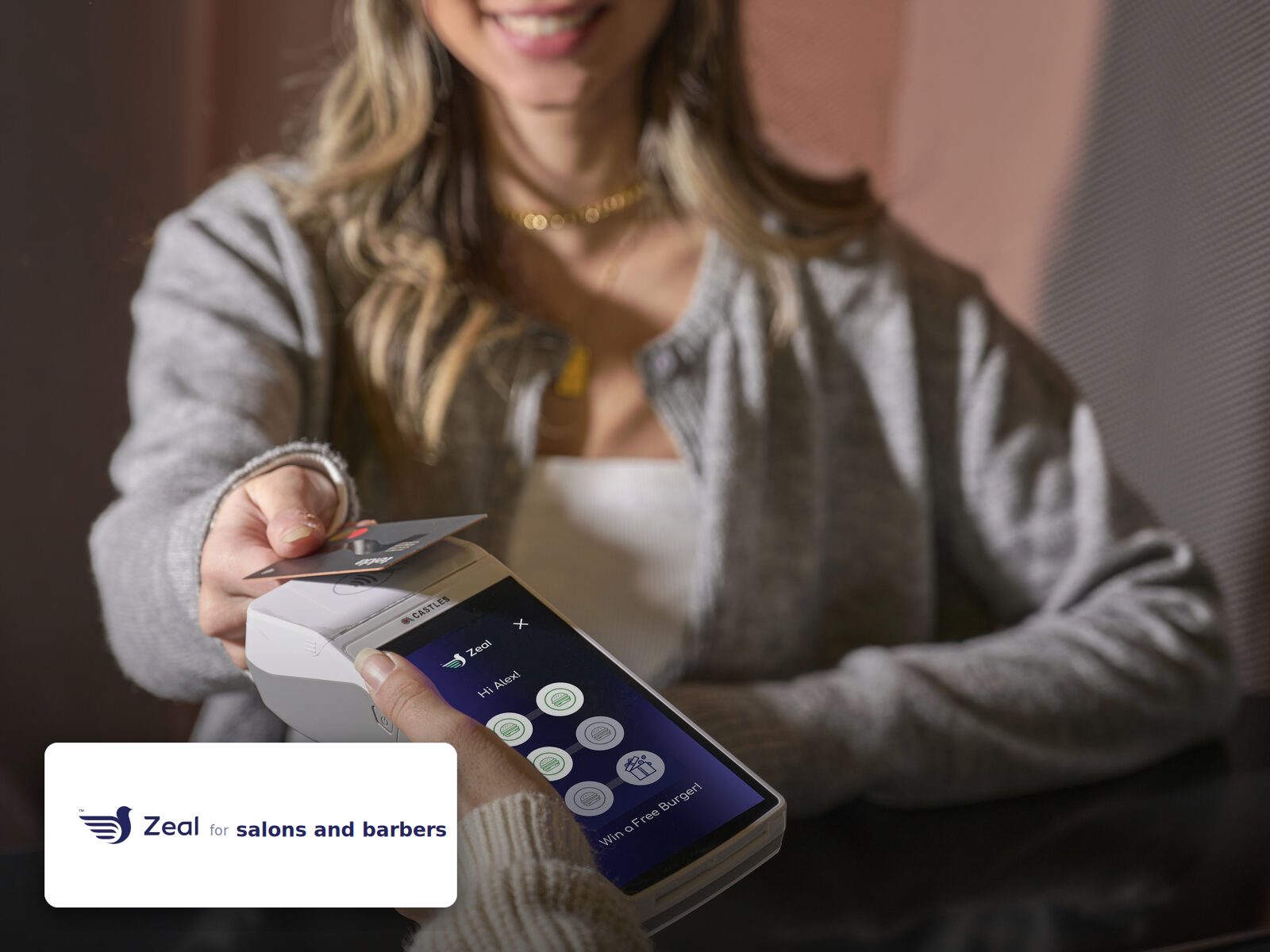Staff and customer at the counter with a Zeal-enabled card machine