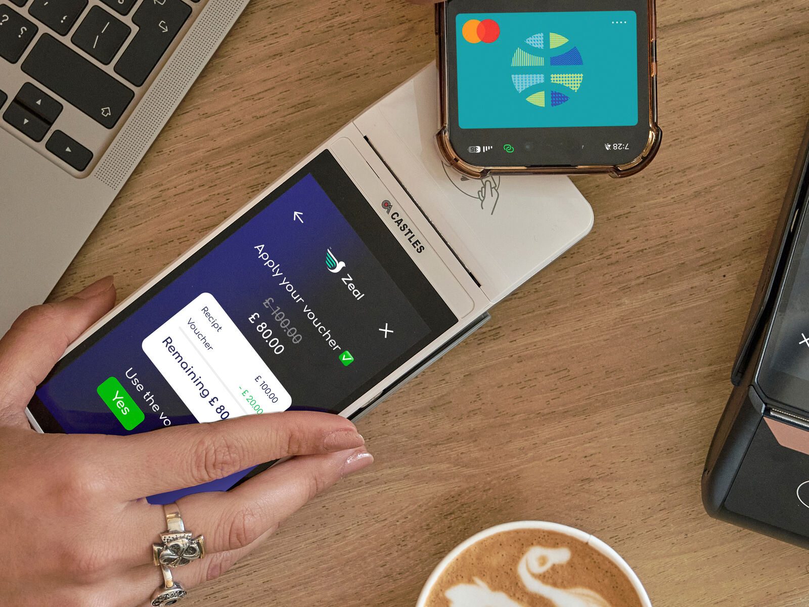 Flatlay payment terminal voucher apply phone app coffee desk
