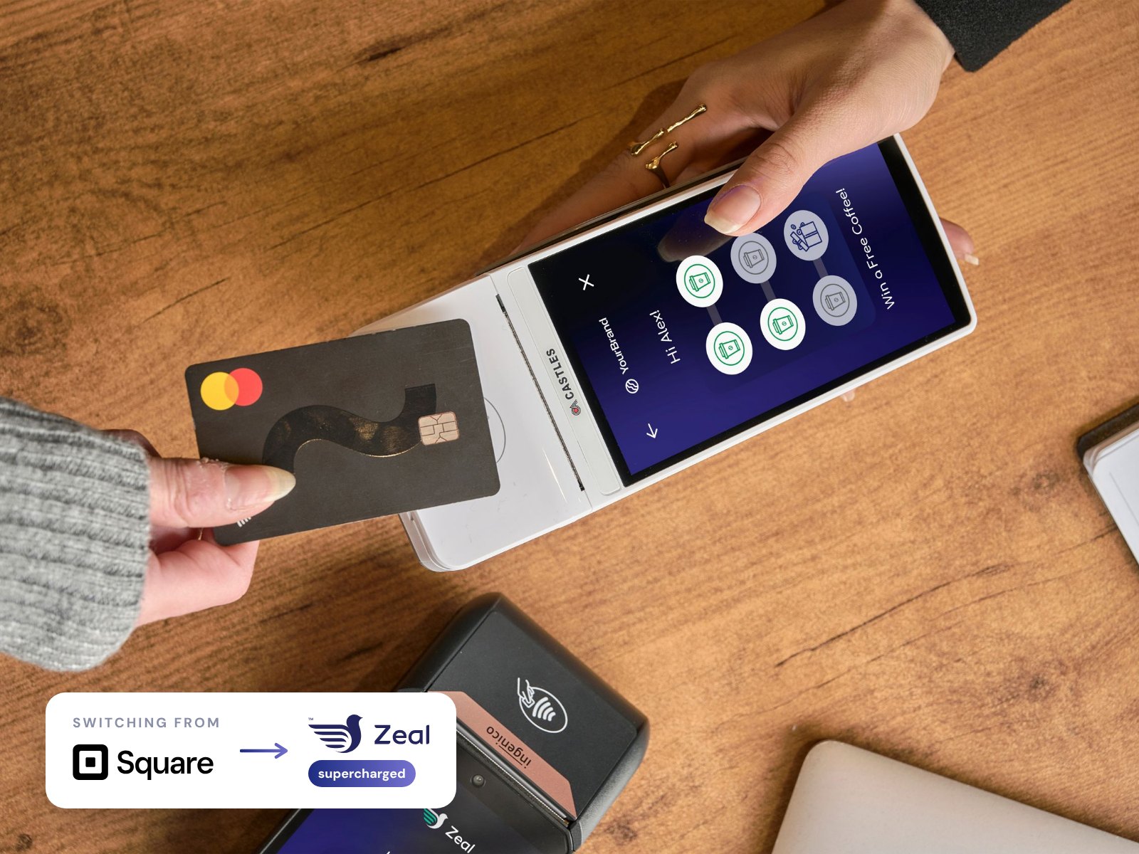 Card machine running Zeal loyalty, for businesses switching from Square