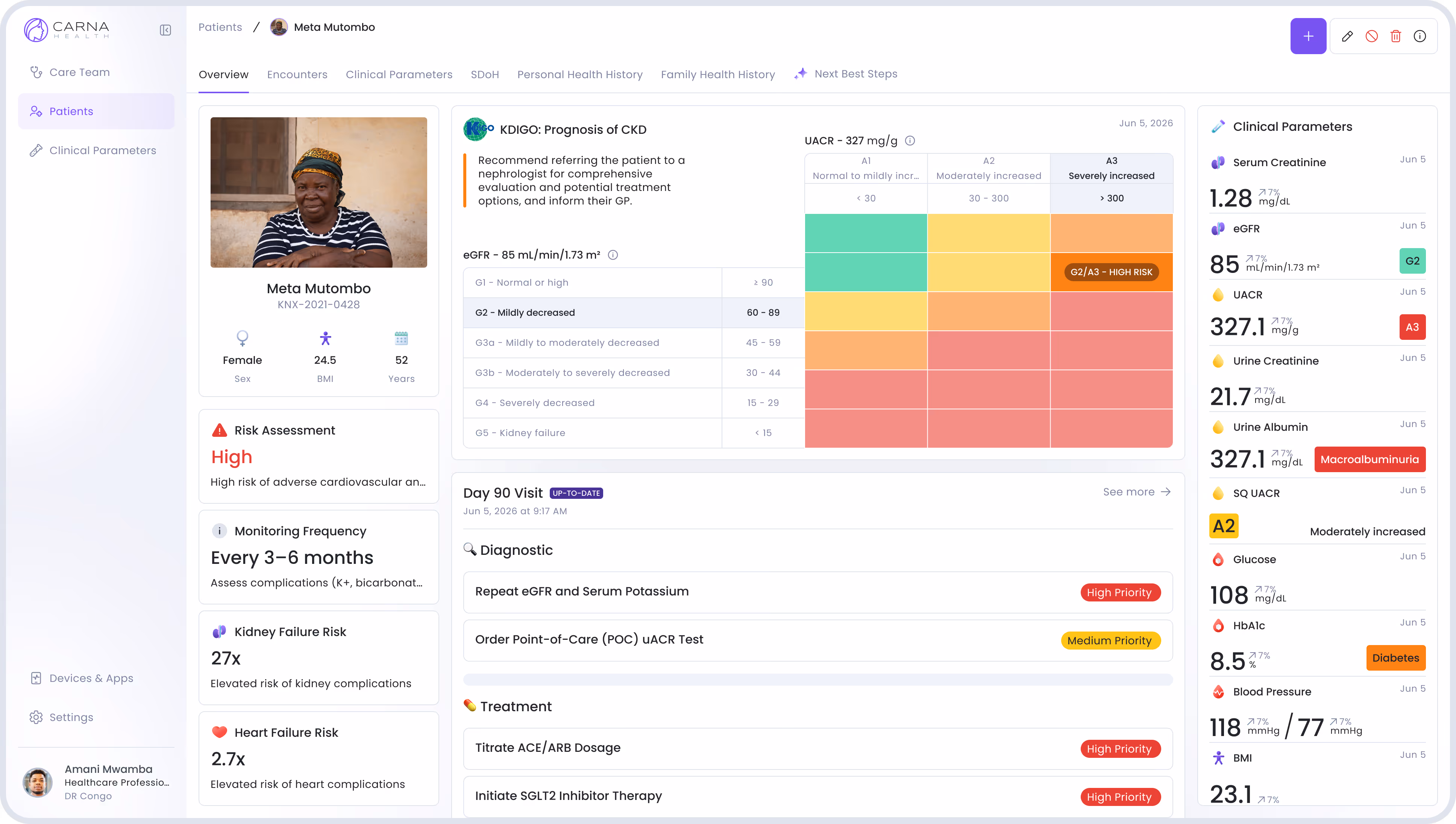 Patient dashboard for Bessie Cooper showing kidney risk, clinical data, diagnostics, and treatment priorities.