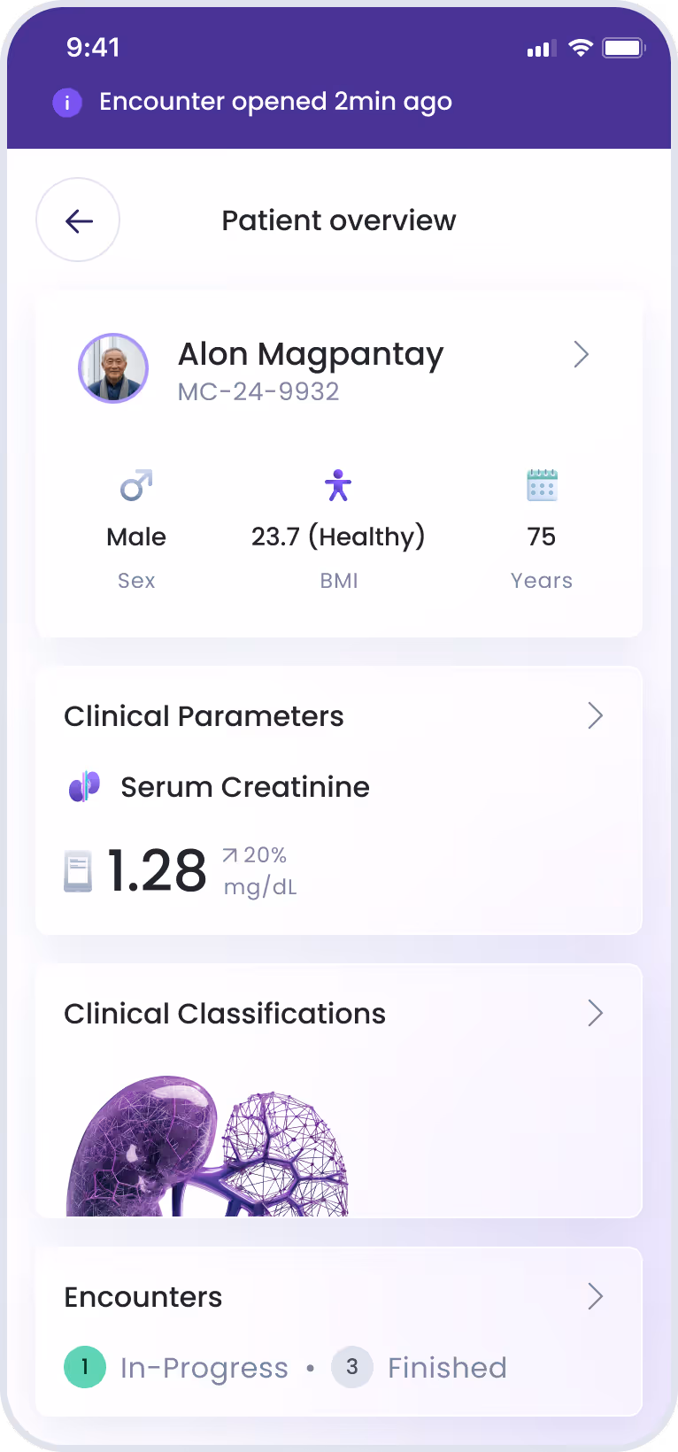 Mobile app showing Michael Scott's weekly Serum Creatinine levels on a line graph with values and dates.