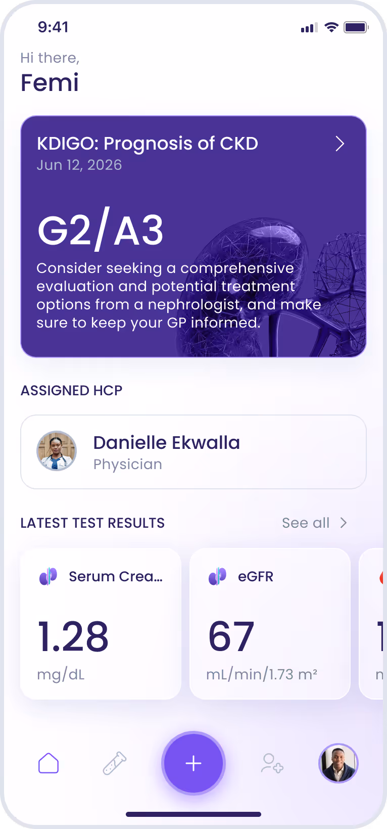 Mobile app screen showing CKD prognosis G2/A3, assigned physician Esther Howard, and kidney test results.