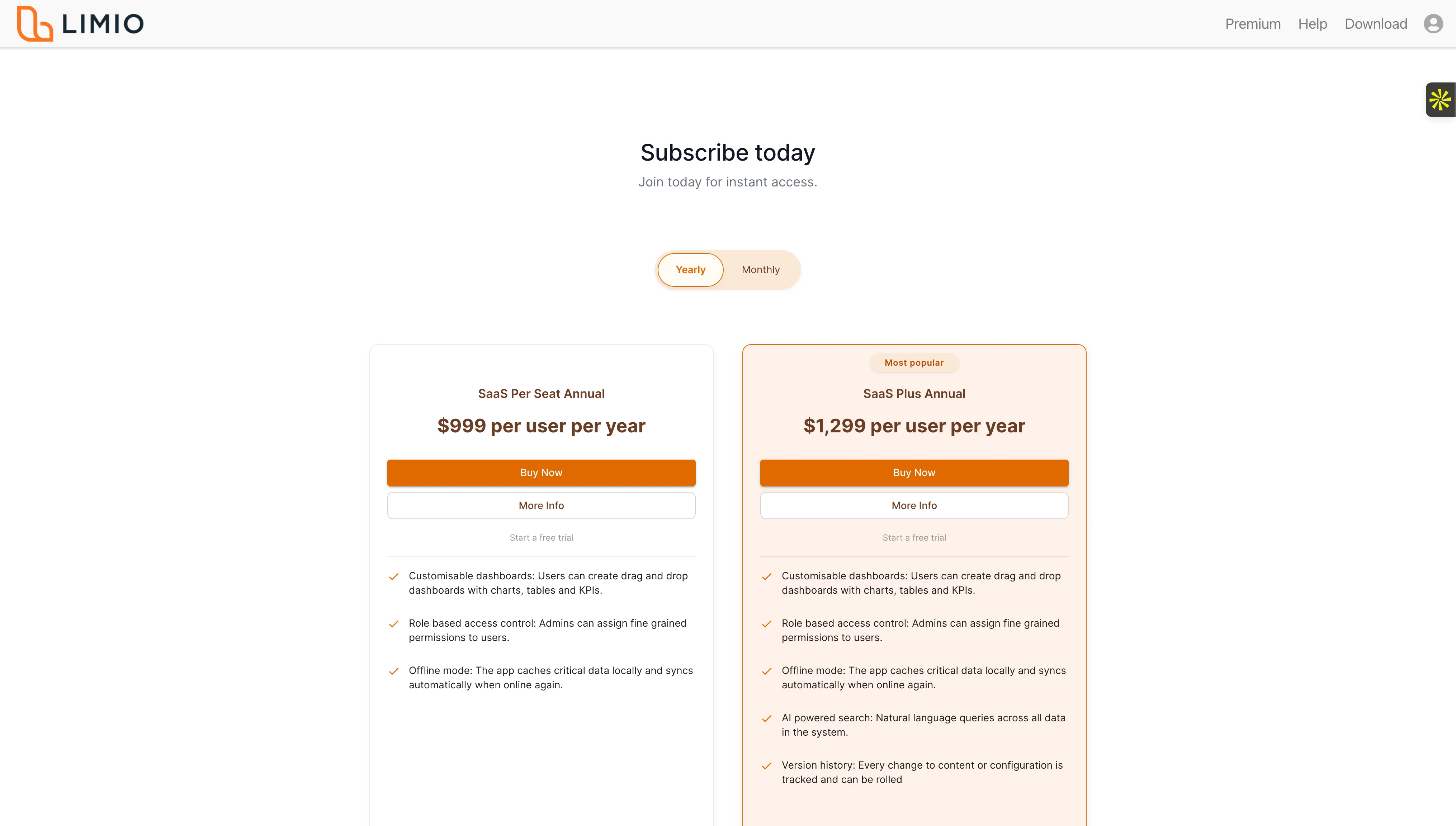 Limio SaaS subscription shop showing responsive pricing page with offer cards