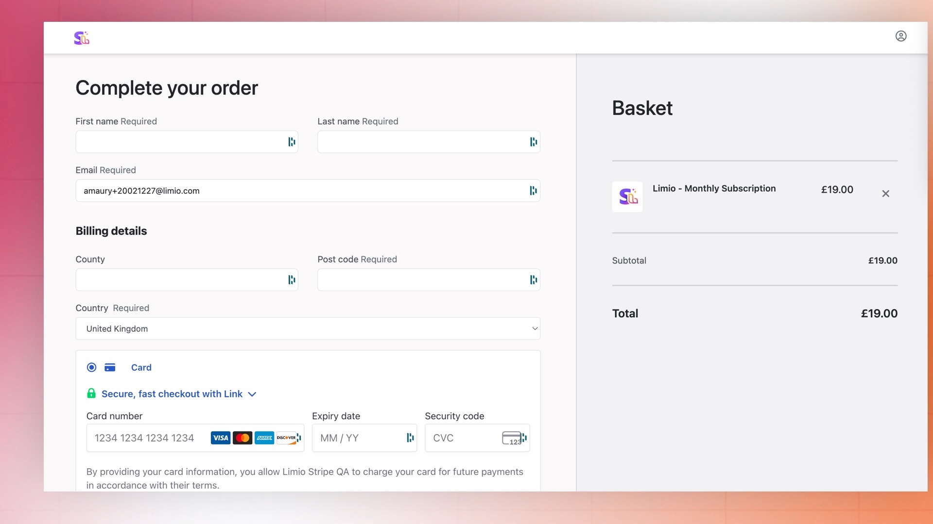 Payment method options including Apple Pay, Google Pay, and credit cards in a Limio checkout