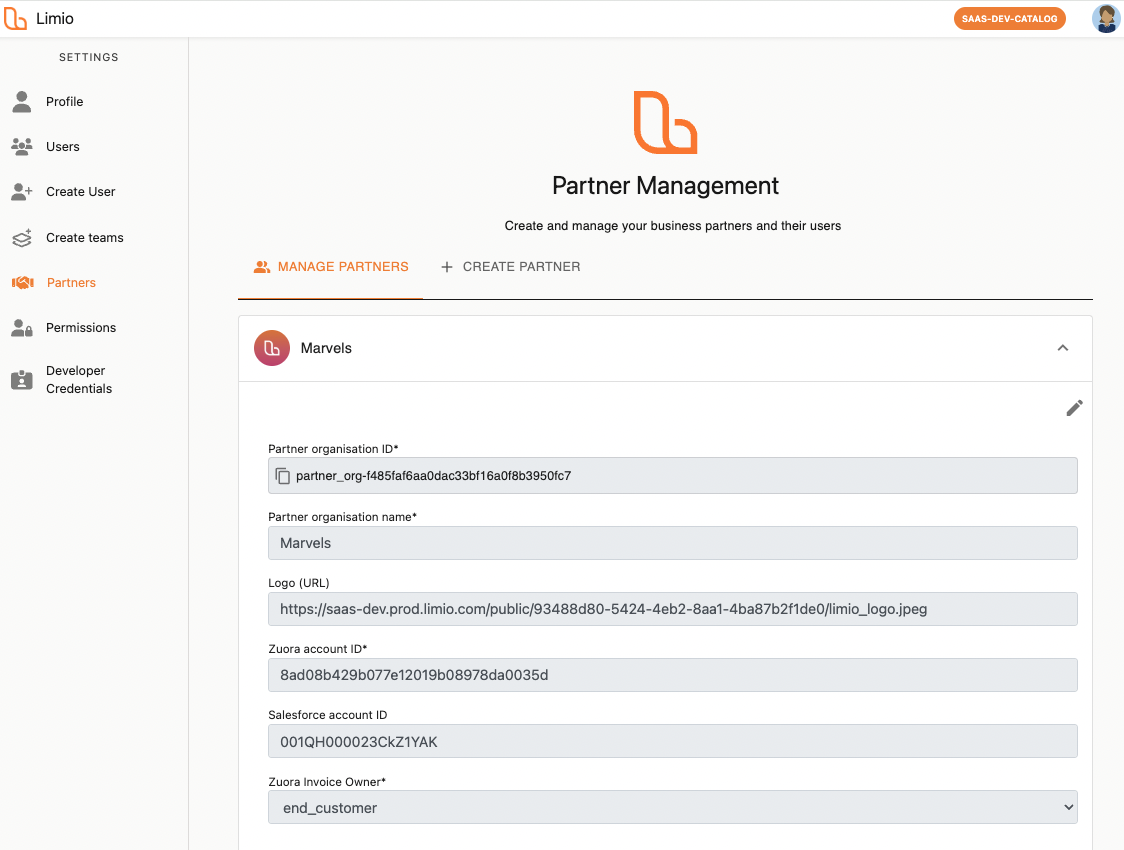 Limio Partner Portal setup showing partner-specific checkout and pricing configuration