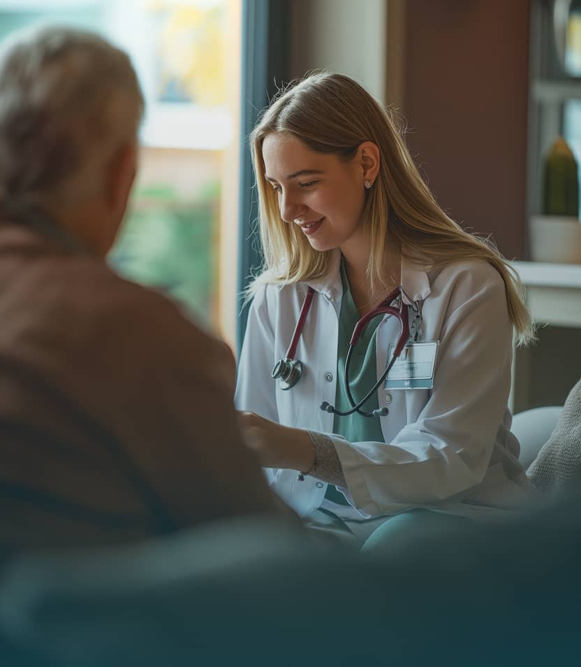 Smiling female doctor with stethoscope talking to an elderly patient in a cozy room.