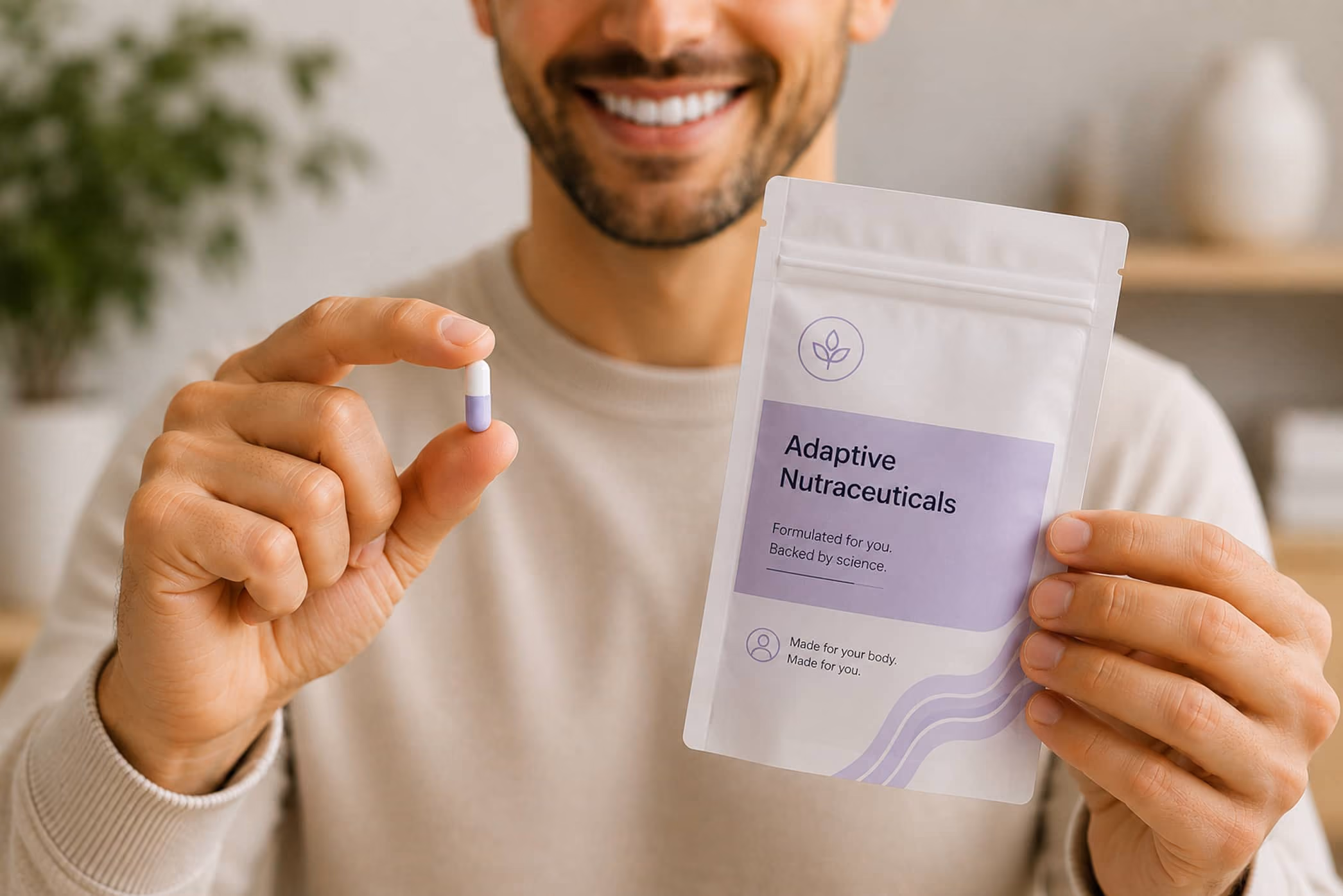 Smiling man holding a capsule pill and a package labeled Adaptive Nutraceuticals with product details.
