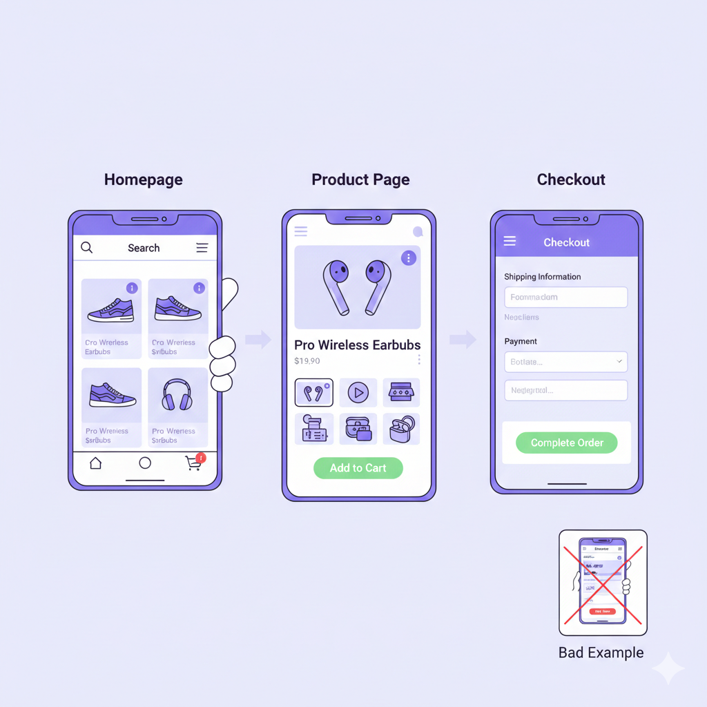 Consistent brand design across homepage, product page, and checkout.