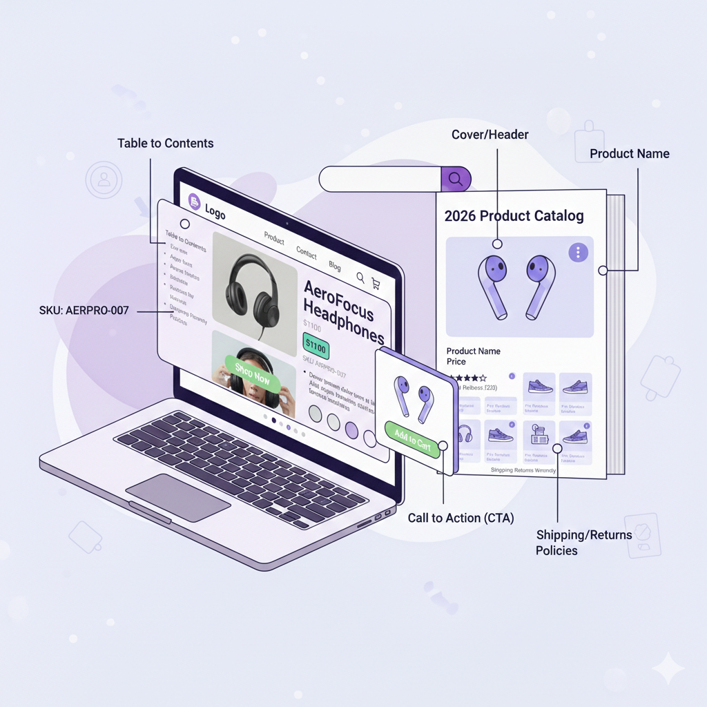 Catalog layout showing the key elements that should be included.