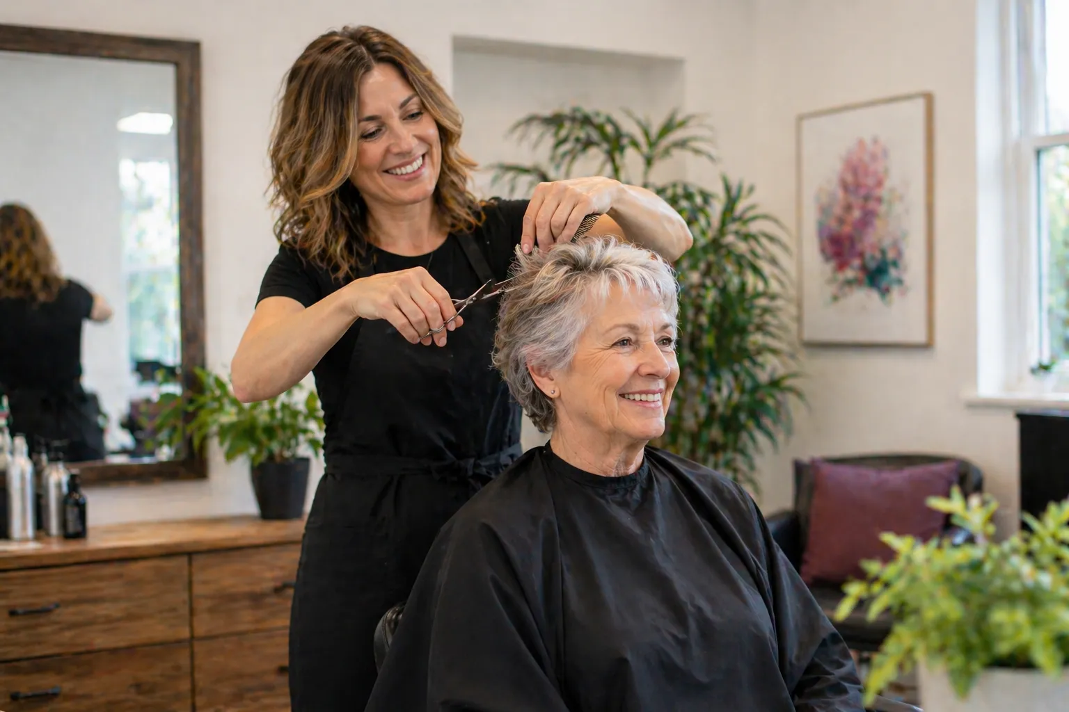 femme se fait couper les cheveux par le service de coiffure