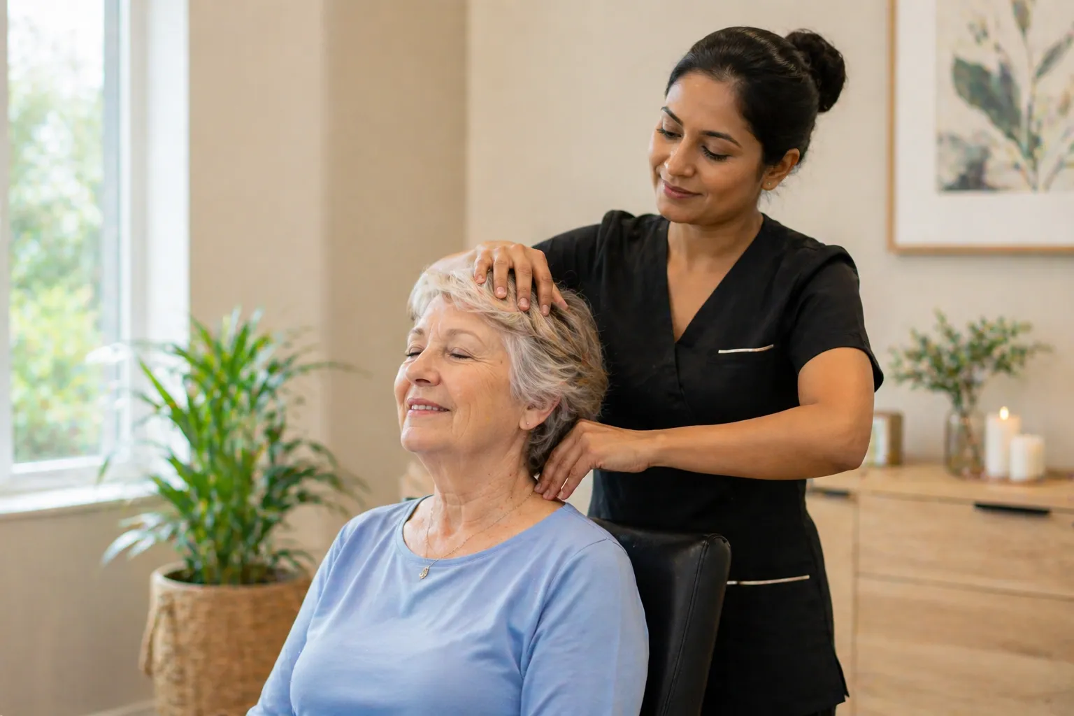 femme qui a un Massage relaxant du cuir chevelu, du cou et des épaules, offert directement sur place.