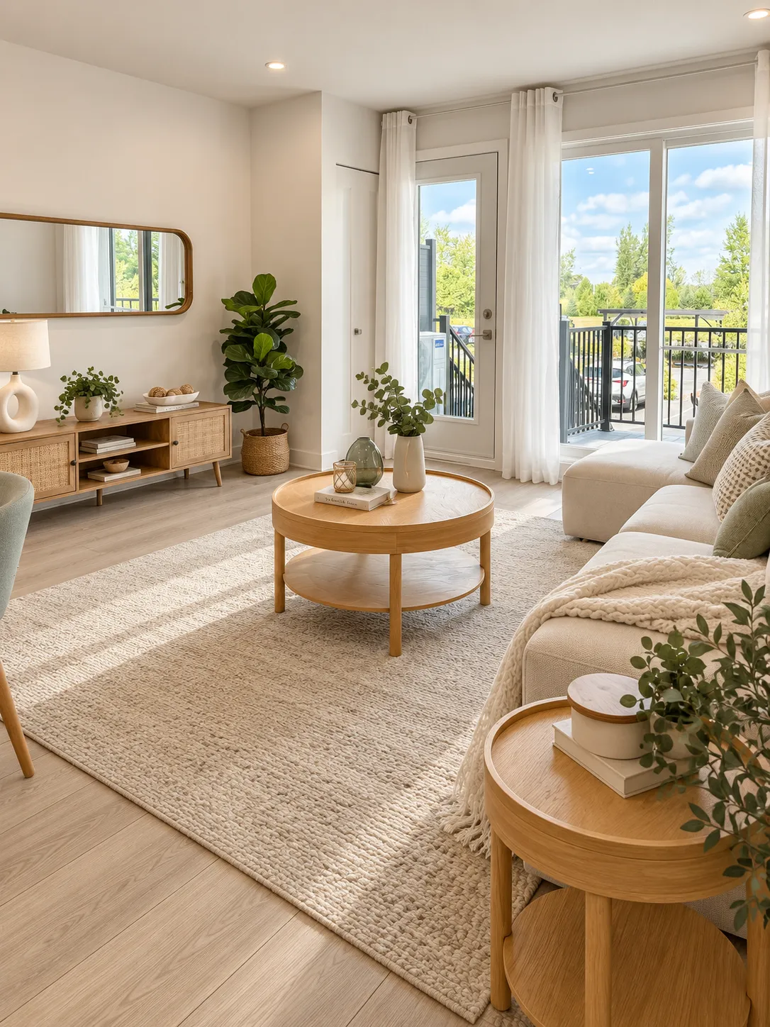 Bright living room with beige sectional sofa with cushions and throw, two round wooden coffee tables with decor, a woven beige area rug, wooden media console with plants and lamp, large window and glass door with white curtains showing a balcony and outdoor greenery.