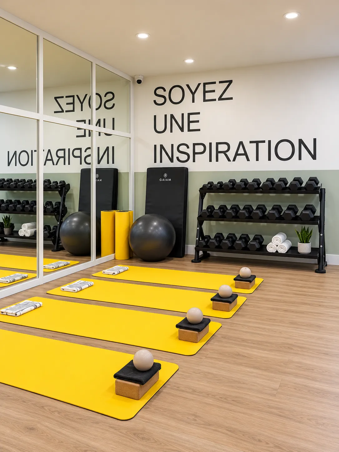 Bright fitness room with four yellow exercise mats on a wooden floor, each holding a yoga block, cushion, and small exercise ball; a black exercise ball, yoga mats, and rack of dumbbells with rolled towels and a small plant are against the wall with a large mirror reflecting the space; the wall features the phrase 'SOYEZ UNE INSPIRATION' in bold black letters.