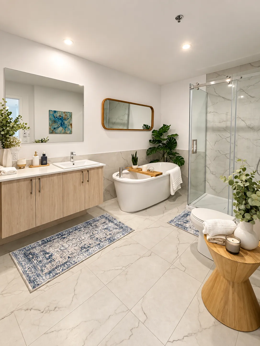Salle de bain avec bain autoportant et douche