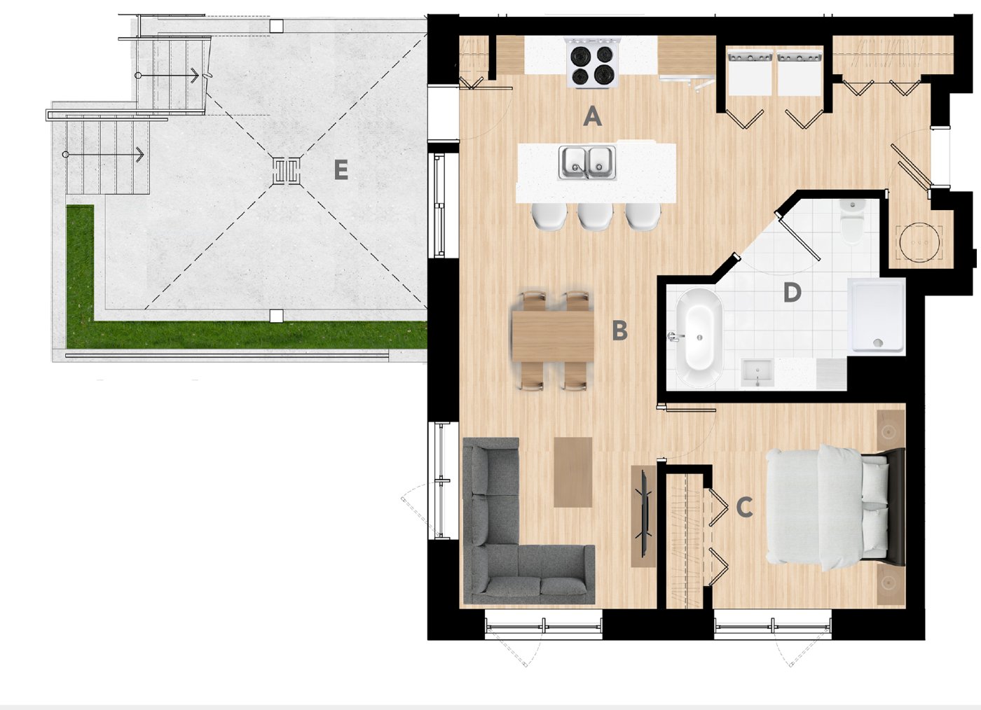 Plan du 3½ avec cour anglaise de 789 pi²