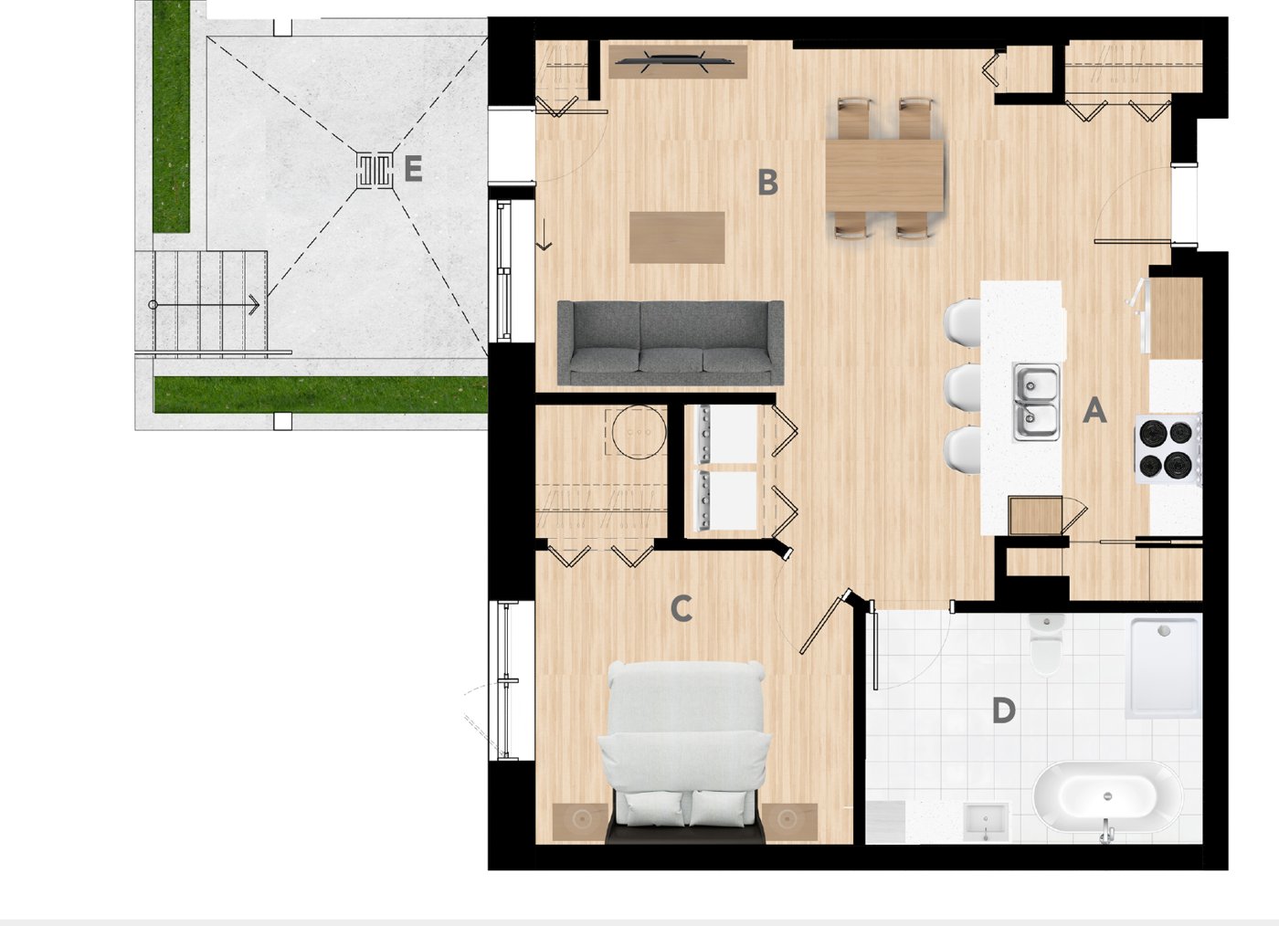 Plan du 3½ avec cour anglaise de 829 pi²