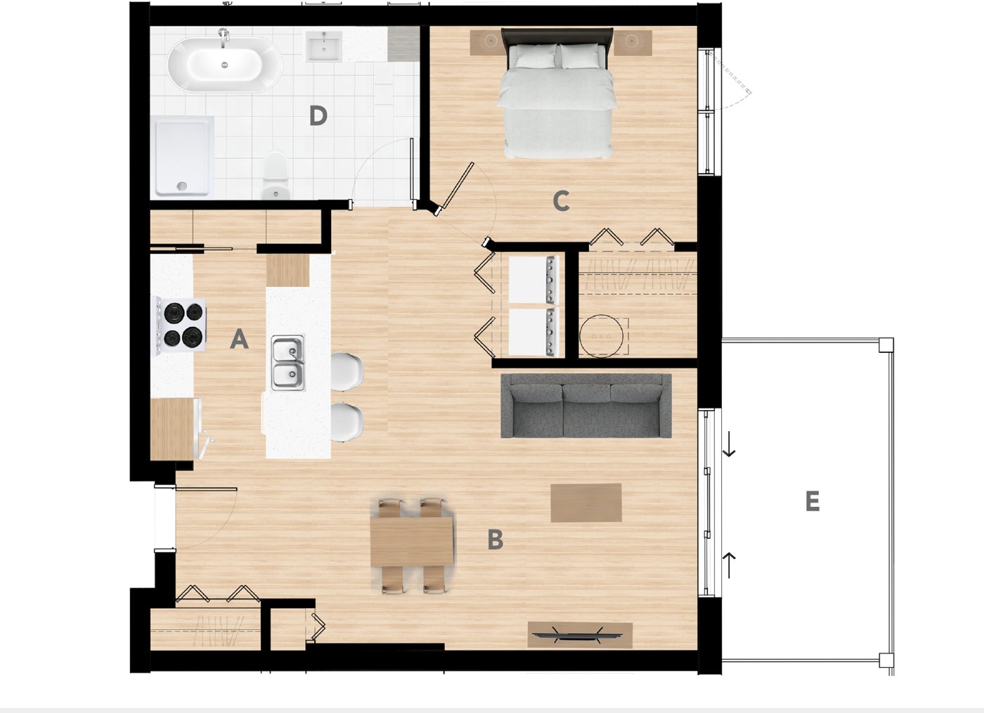 Plan du 3½ avec grand balcon de 804 pi²