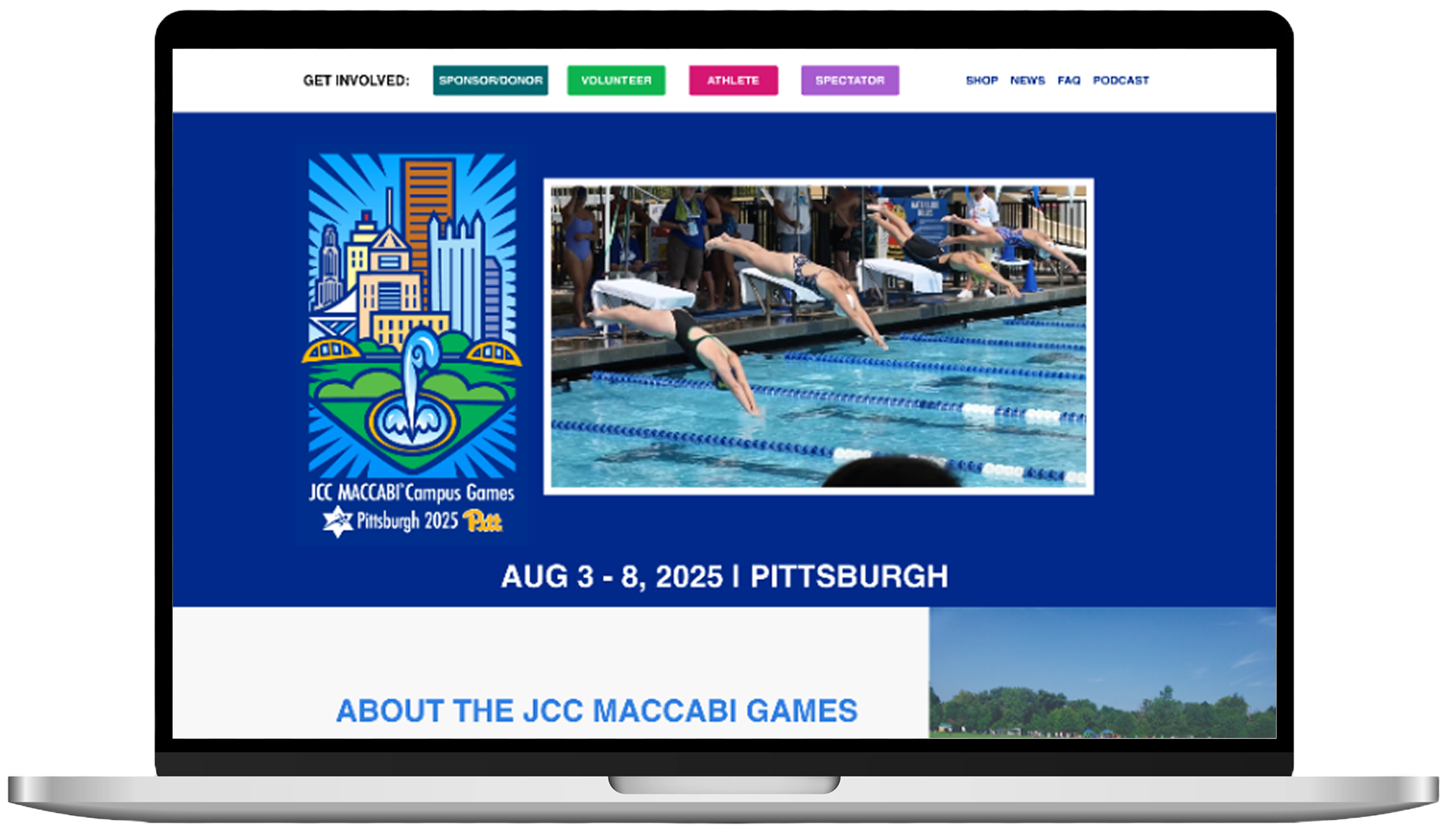 Website homepage for JCC Maccabi Campus Games Pittsburgh 2025 showing event logo, swimmers diving into a pool, and event dates August 3-8, 2025.