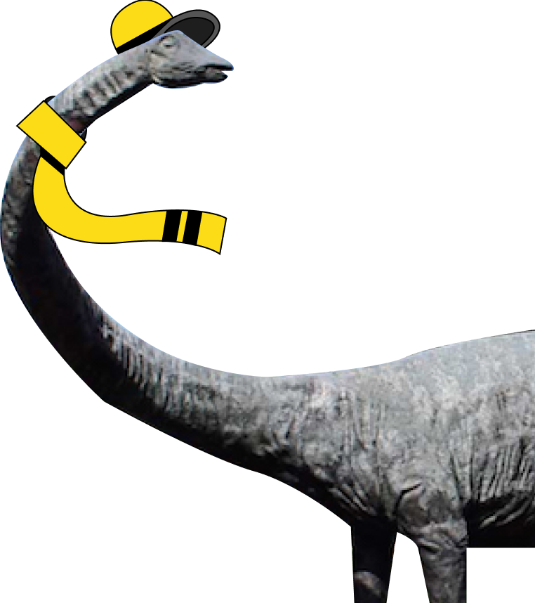 Dinosaur with a long neck wearing a yellow cap and yellow scarf.