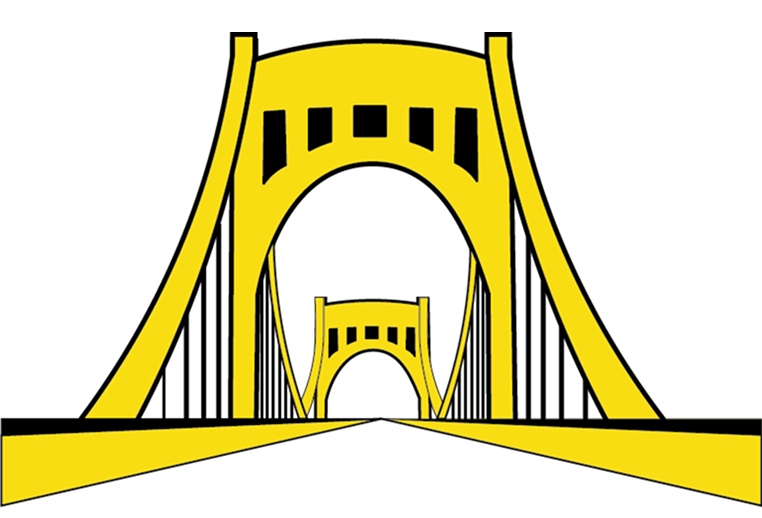 Stylized yellow suspension bridge illustration on black background with two arches receding into distance.