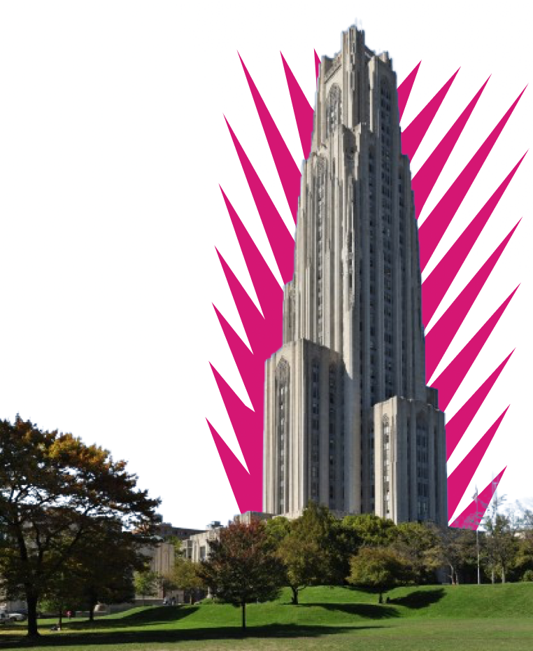 Tall stone Gothic-style tower on a grassy lawn with trees and a bright pink abstract sunburst behind it.