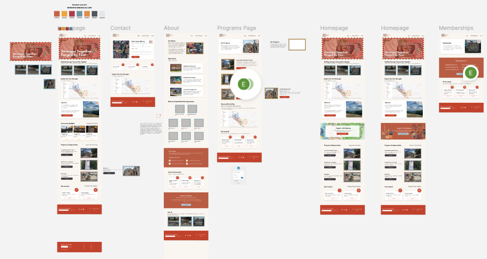 Website wireframes showing homepage, contact, about, programs, and memberships pages with a color palette on top.