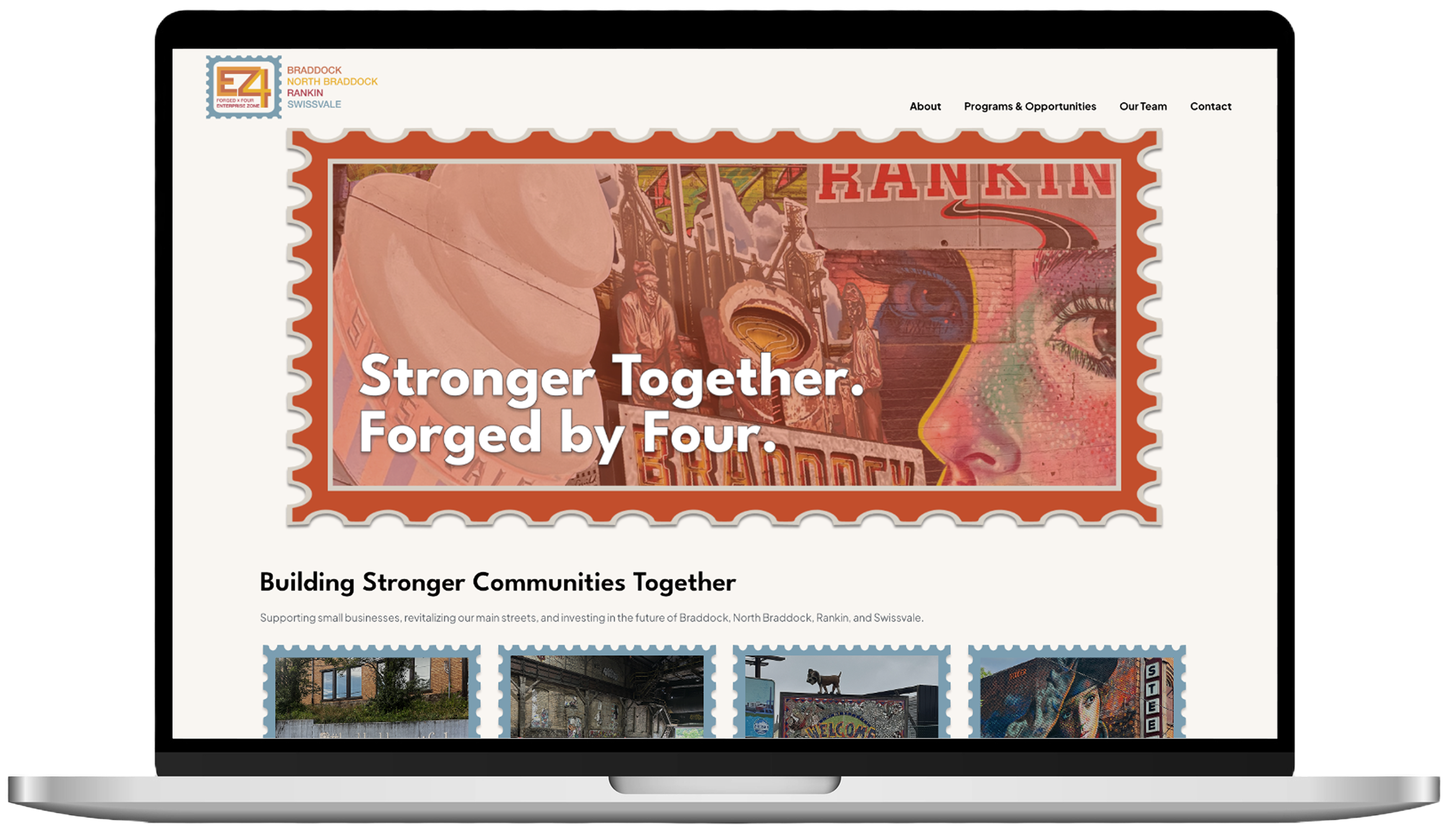 Laptop screen showing Forged by Four website with a mural background and text 'Stronger Together. Forged by Four.'