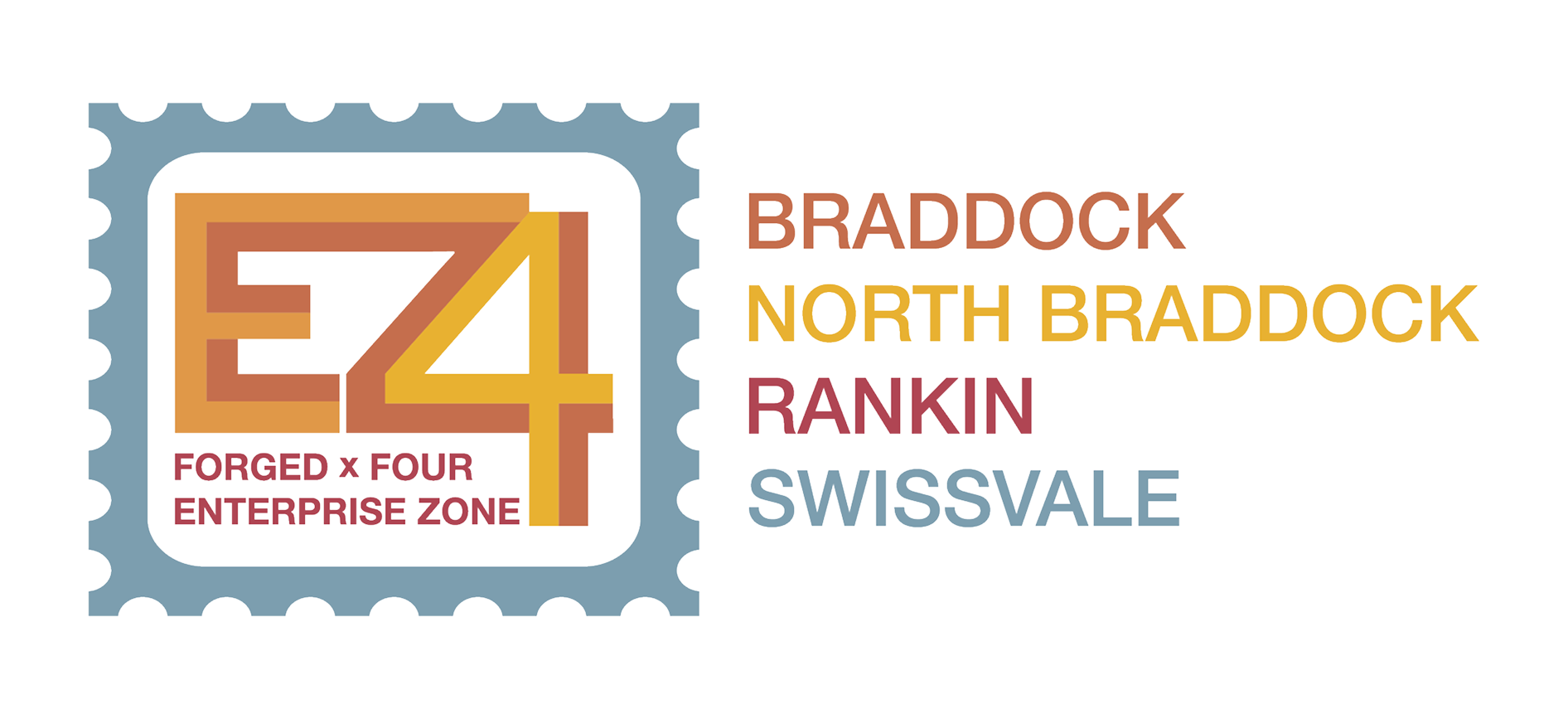 Logo with stylized letters E and 4 inside a blue stamp border, and text listing Braddock, North Braddock, Rankin, Swissvale.