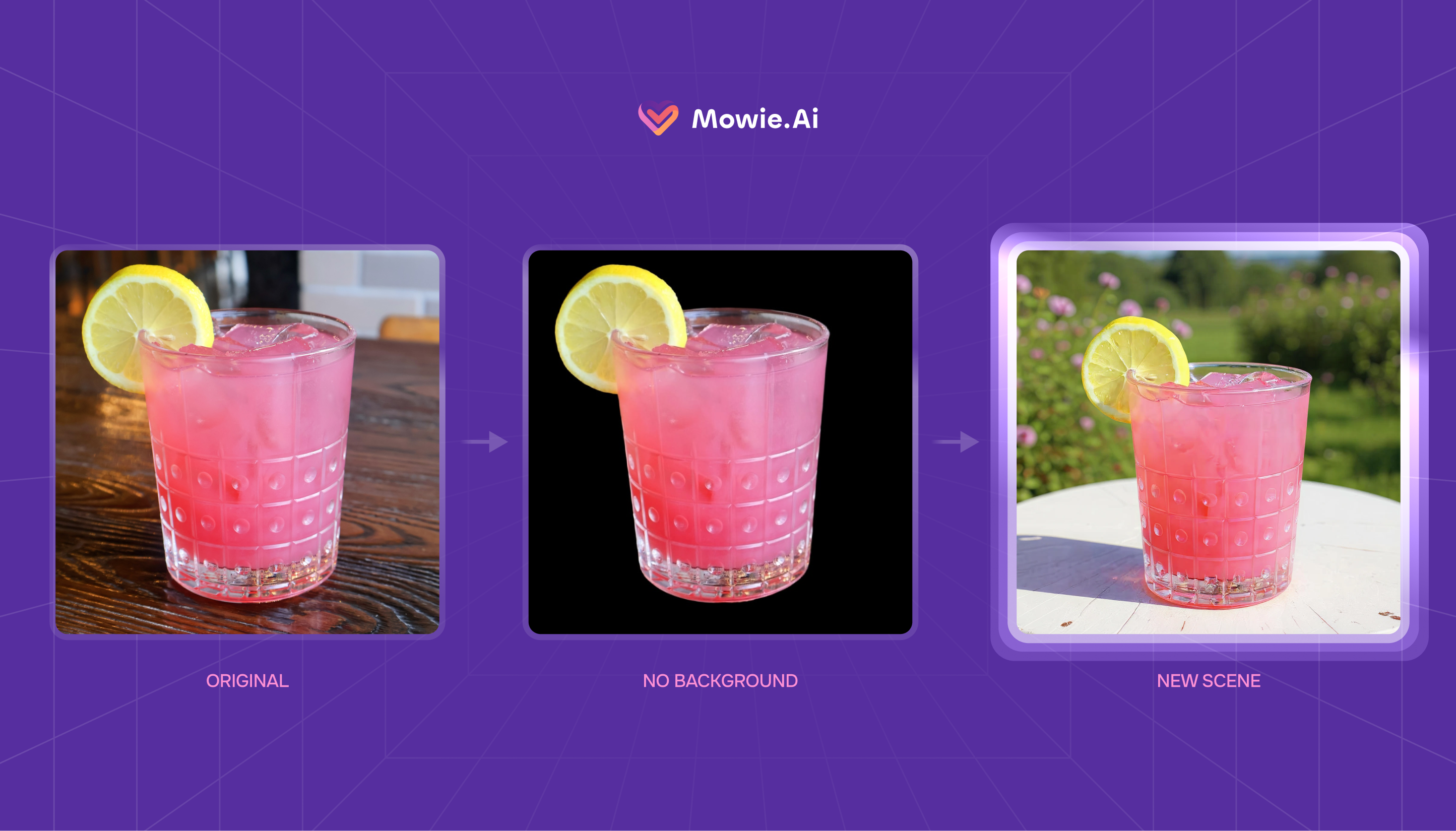 A Pink grapefruit cocktail in its original form, no background and a new scene, set on a purple background with gridlines.