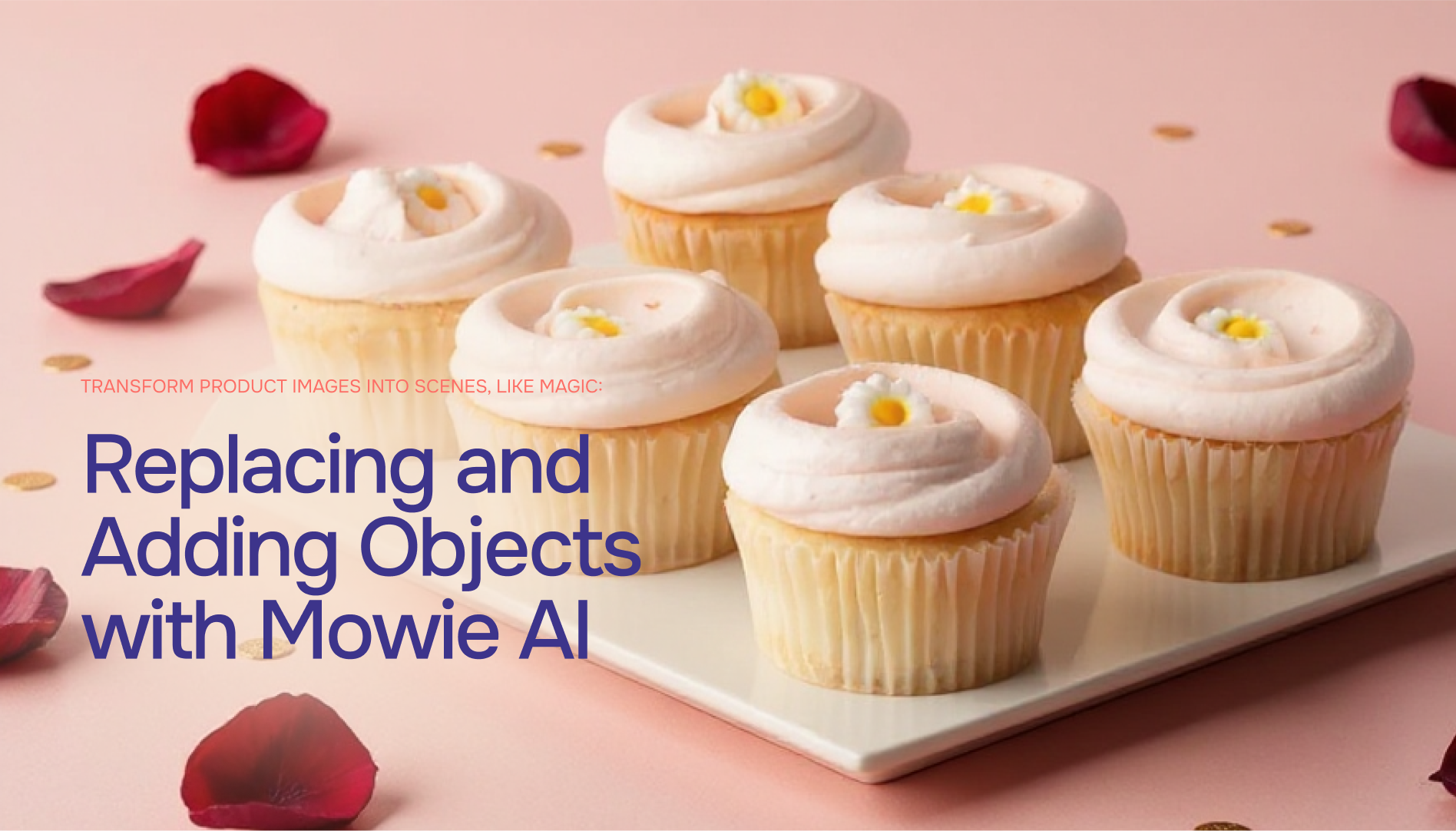 Six Magnolia Bakery's Carrie Bradshaw Cupcakes on a white platter, smooth pink background and red rose petals created with Mowie AI from plain product image to a romantic and inviting scene