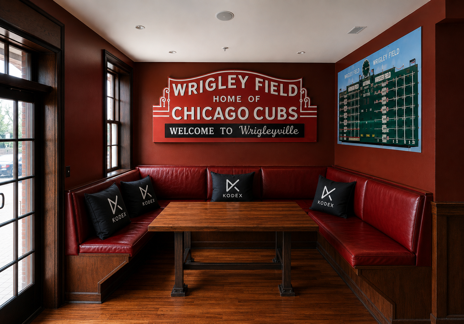 The reserved clubhouse booth at Wrigley View Rooftop, with Kodex-branded pillows on the bench