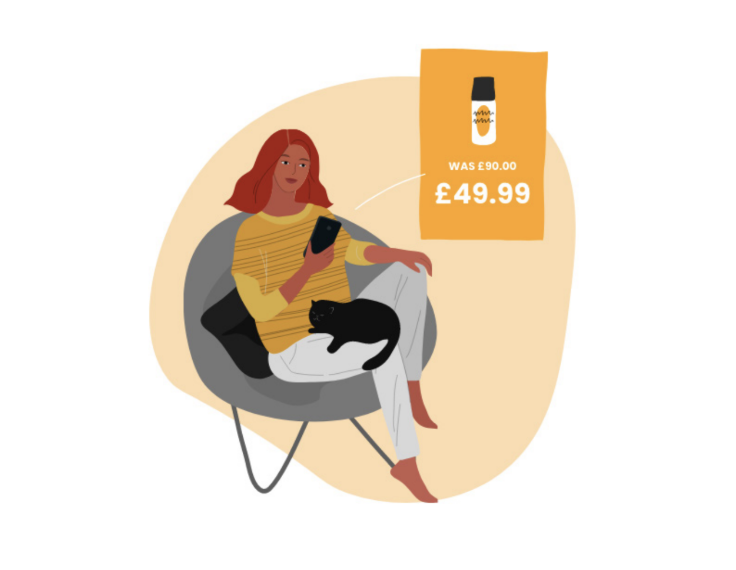 Illustration of a woman sat on a chair with a mobile phone in her hand and a cat on her lap