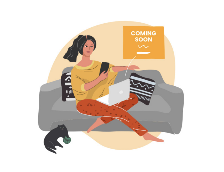Illustration of a woman sat on a sofa with a laptop on her lap and mobile phone in her hand